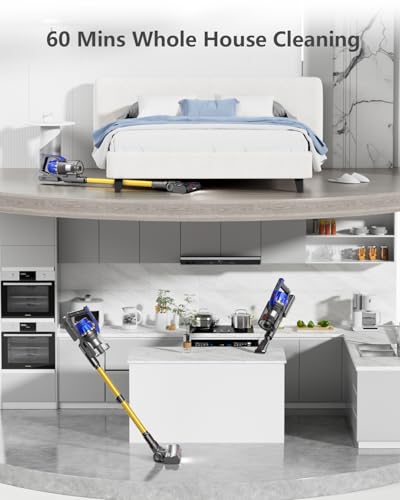 Cordless Vacuum Cleaner, 45Kpa 550W Vacuum Cleaners for Home, Max 60Mins Cordless Stick Vacuum with LED Screen, Dual Handle Anti-Tangle Rechargeable Cordless Vacuum for Hard Floors/Pet Hair/Carpet