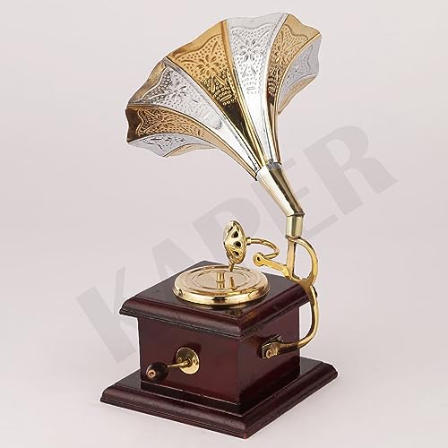Image of KAPER Antique Brass Gramophone Showpiece (10 Inch) - Handcrafted Vintage Decorative Figurine for Home Decor, Living Room, Office Desk, Study Table & Gift Item (Gramophone)