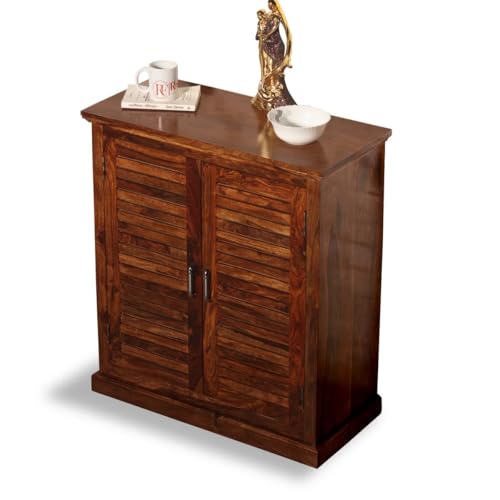 Image of Solid Sheesham Wood Shoe Rack Wooden with 2 Doors | Multipurpose Shoe Rack Storage Cabinet Organizer Shoe Stand for Home, Office, Entryway, Hallway & Living Room, Bedroom | Natural Finish