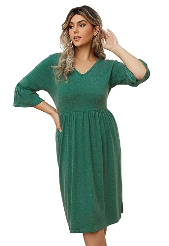 Image of Women's Plus Size 3 /4 Sleeve Casual Dress V Neck Spring Summer Tshirt Empire Waist Ruffle Midi Dresses
