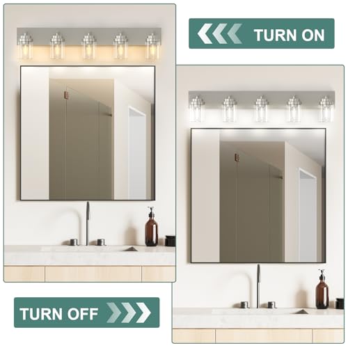 Image of IZORRO Bathroom Vanity Light Fixture, 5-Light 36 Inch Brushed Nickel Bathroom Light Fixtures Over Mirror, with Clear Glass Shade, Modern Farmhouse Vanity Lights, Rustic Restroom Lighting Fixtures
