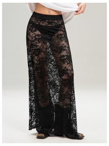 OYOANGLE Women's Sheer Lace Maxi Skirt Elastic Waist See Through Y2K Gothic Skirts4