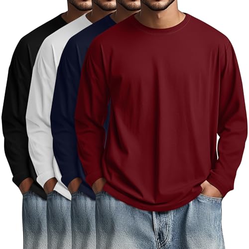 Image of August Alley 4 Pack Men's Big and Tall Cotton Shirts L-7XL, Long Sleeve Oversized Tops Loose Casual Large T-Shirts Basic Tee