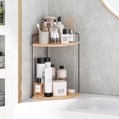Image of Forest Angle Bathroom Counter Organizer,Countertop Organizer,Vanity Organizers,Bathroom Storage,Bathroom Sink Caddy,Counter Shelf,Corner Counter,Corner Shelves(Black-Burlywood)