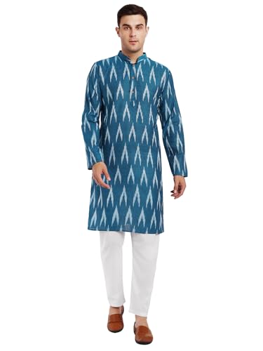 Image of SKAVIJ Men's Pure Cotton Printed Kurta Pajama Set Ikat Design Casual Ethnic Dress
