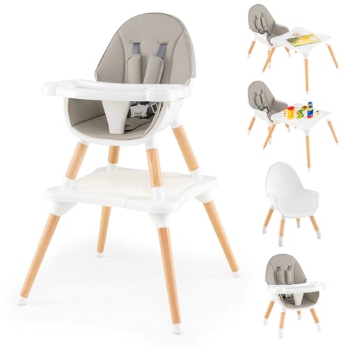 Image of GLACER High Chair, 6-in-1 Convertible Wooden High Chairs for Babies and Toddlers w /Building Block Table, 5-Point Safety Harness, Removable Tray, PU Cushioned Baby High Chair for 6-36 Months (Grey)