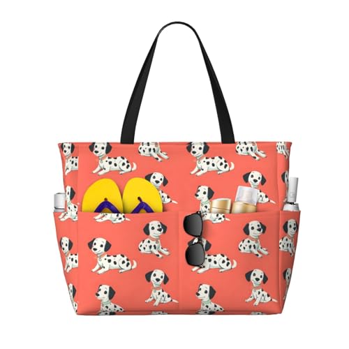 Large Beach Bags for Women Sandproof - Cute Spotted Dogs Print Summer Travel Work Tote Bags with Zipper