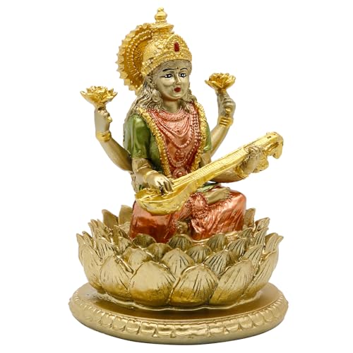 Hindu Goddess Saraswati Idol - 6.5" H Knowledge, Music, Arts Goddess Sarswati Statue Indian Diwali Gifts for Home Mandir Altar Pooja Item