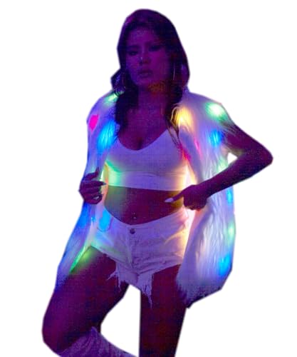 Womens LED Light Faux Fur Jacket Gilets Luminous Rave Stage Show Vest Halloween Xmas Dress Up Fancy dress