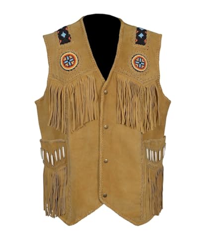 Image of Men's Western Cowhide Suede & Leather Vest - Beaded Fringe Yoke & Back Native-Inspired Cowboy Biker Vest