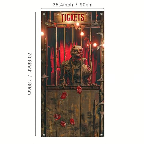 Image of BlissYard Halloween Zombie Booth Door Cover 35x71 Inch Polyester | Entry Banner, Wall Backdrop | Zombie Booth Door Decor, Indoor Party Scene | Porch, Hallway, Photo Area (Night Art)