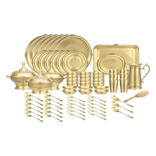 Image of cWc Pure Brass Itching Dinner Set - 70-Piece Traditional Indian Thali Set with Brass Plates, Bowls, Glasses, Spoons, Forks, Serving Handi, Jug & Tray | Premium Handcrafted Tableware