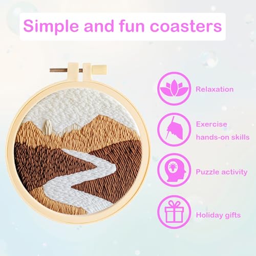 Image of 57lilina 6pcs Landscape Coaster Punch Needle Kit for Beginners & Adults | Complete Step-by-Step Guide Make Punch Stitching Embroidery Art Drink Coasters, Easy DIY Hobby Craft Set for Women Starter