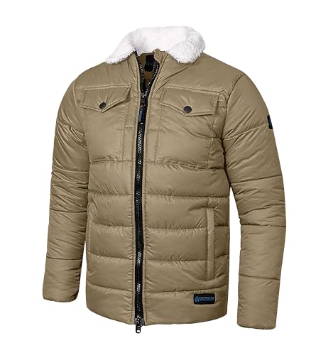 Image of URBAN BUCK Mens Puffer Jacket Midweight Sherpa Lined Windproof and Water Repellent Winter Recycled Down Bryce Beige Hiking Men Coat (S)