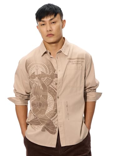 Image of The Souled Store The Mythical Archer Men and Boys Long Sleeves Collared Neck Button Front Beige Printed Cotton Relaxed Shirts