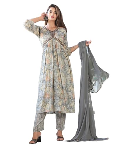 Image of G4Girl Aliya-Cut Kurti Pant With Dupatta For Women's (Grey)