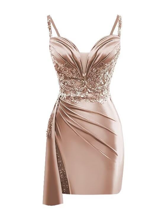 Sequins Satin Homecoming Dresses 2025 Spaghetti Straps Lace Appliques Short Prom Cocktail Dresses for Women