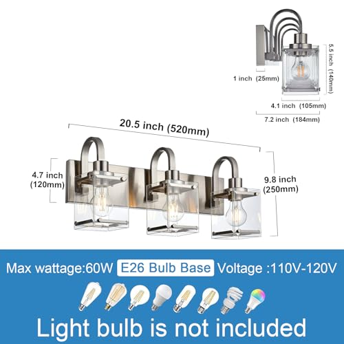 Image of 3-Light Bathroom Vanity Light Fixtures, Modern Vanity Lights with Clear Glass Shade Wall Light Brushed Nickel Wall Sconce Lighting for Living Room, Bedroom Kitchen Farmhouse