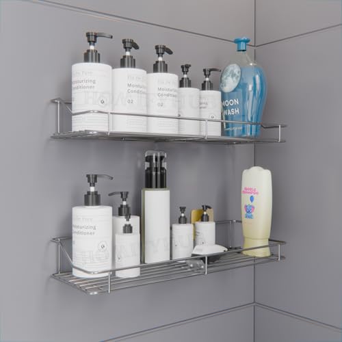 Image of Stainless Steel Bathroom Wall Shelf Without Drill | Self Adhesive No Drill Wall Shelf Storage for Bathroom Kitchen | Wall Mounted Washroom Organiser Shelf Magic Sticker Rustproof (Set of 2)