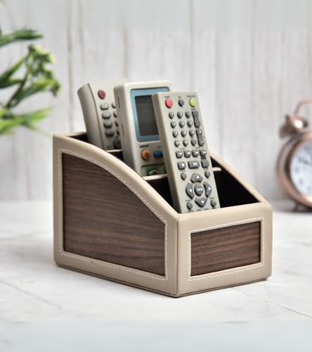 Image of Premsons Classic Remote Holder - 3 Section Tabletop Organizer in Light Brown | Faux Leather with Refined Wooden Finish | Decorative & Practical Organizer - Beige