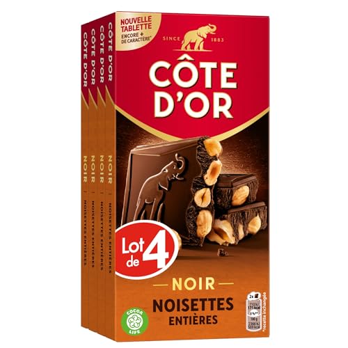 CÔTE D'OR - 4 Tablettes Côte d'Or Bloc Chocolat Noir et Noisettes Entières 180g - Chocolat Noir et Noisettes Entières - Lot de Tablettes de Chocolat - Lot...
