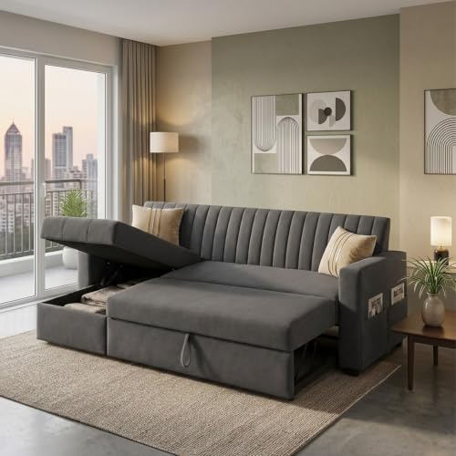 Image of CASASTYLE Kyagar 4 Seater LHS L Shape Sofa with Pull Out Bed & Storage Lounger | Premium Soft Velvet Suede Fabric | Comfort Cushions | Ideal for Living Room, Hotel & Office (Dark Grey)