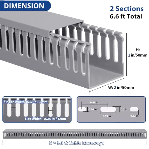 Image of ZhiYo 2 inch H x 2 inch W Cable Raceway, Under Desk Wire Management Channel Grey | Slotted Wire Duct, 2 Pack(3.3ft Each), Heavy-Duty PVC Cable Management for Server Racks, Network Cables & Electrical Cabinets