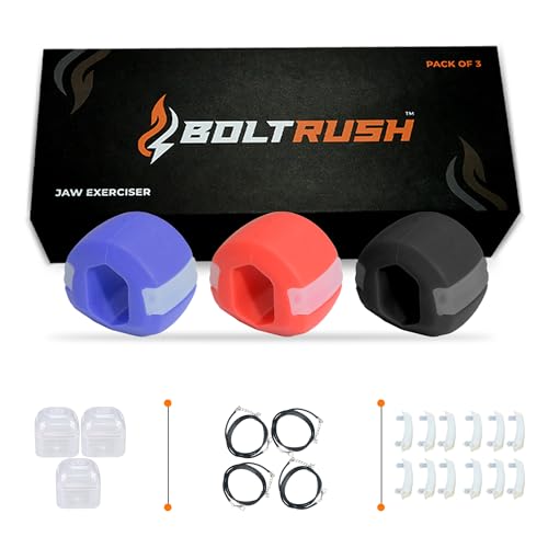 BOLT RUSH Jaw Exerciser (Pack of 3) Jaw Trainer for Jawline 3 Levels of Resistance - Includes 12 x Biting Strips 4 x Neck Straps Jaw Toner for Face