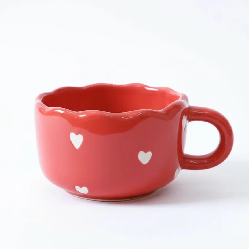 Handcrafted Red Hearts Wavesip Cute Pinterest Mug | Premium Glazed Coffee & Tea Mug with Handle | Durable, Lead-Free Pottery Drinkware for Home & Office 200ml Pack of -1