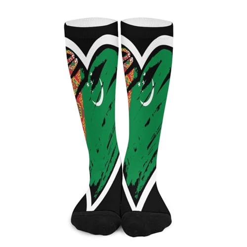 Melbrakin Cœur du drapeau du Turkménistan Chaussettes de compression pour femmes et hommes, mi-hautes, idéales pour la course à pied et les voyages.