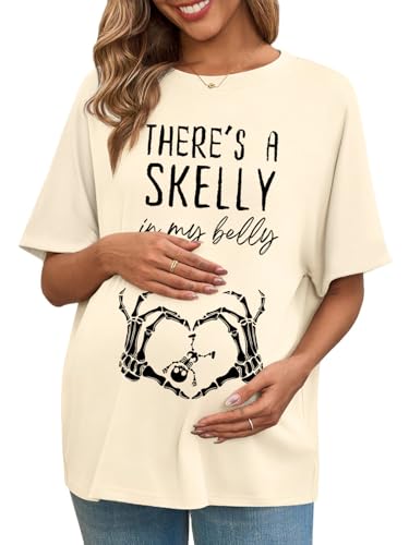 Maternity Halloween T Shirt Skelly in My Belly Pregnant Short Sleeve Shirts Halloween Pregnancy Announcement Top Tees Apricot