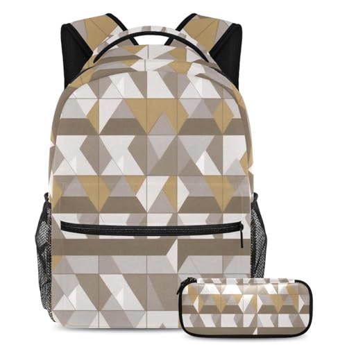 Cartable géométrique argenté avec trousse pour ados et enfants - Lot scolaire de 2 pièces