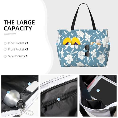 Lilies Flowers Light Blue Large Beach Bag Waterproof Sandproof Swim Tote Pool Bag For Women With Zipper2