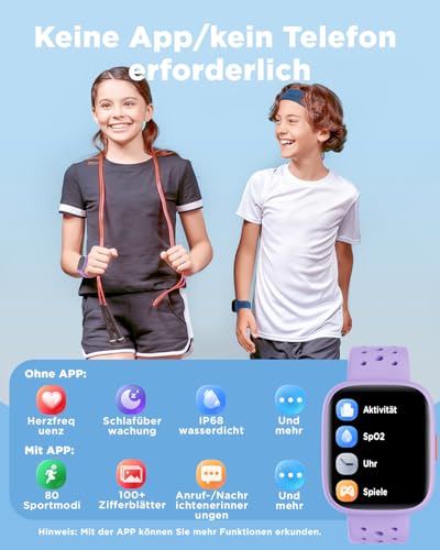 BIGGERFIVE Smartwatch Kinder, 1,8\ Fitness Uhr Schrittzähler, 24/7 Puls, Schlafmonitor, Vibrationsalarm, IP68 Wasserdicht, Puzzlespiele mit/ohne App, für Mädchen Teens 5–16, Lila