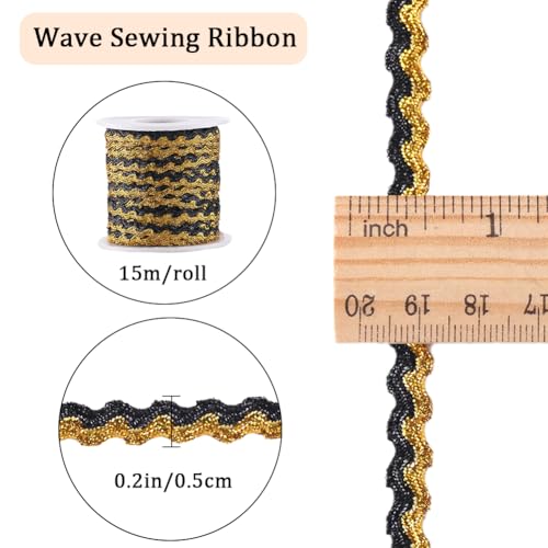 GORGECRAFT 15m x 5mm Wave Bending Fringe Trim Two-Color Sparkle Rick Rack Trim Black Gold Metallic Wire Braid Wavy Edge Lace Woven Webbing Ribbon for DIY Crafts Jewellery Making Hair Bow Gift Wrapping - Image 2