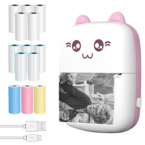 SKJJL Mini Imprimante Portable, Imprimante Photo Thermique, Mini Imprimante Thermique Bluetooth avec 13 Rouleaux de Papier Thermique, Imprimante Thermique sans Fil BT pour Étiquette, Autocollant