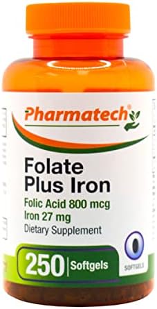 PHARMATECH Folic Acid Supplement, Folate Prenatal, Folic Acid 800 mcg Plus Iron 27 mg, Vitamin B9, Prenatal Folic Acid, Fast Absorption, 250 Softgels