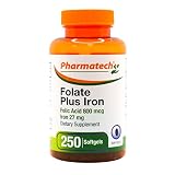 PHARMATECH Folic Acid Supplement, Folate Prenatal, Folic Acid 800 mcg Plus Iron 27 mg, Vitamin B9, P