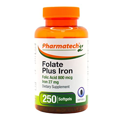 Pharmatech Folic Acid Supplement, Folate Prenatal, Folic Acid 800 Mcg Plus Iron 27 Mg, Vitamin B9, Prenatal Folic Acid, Fast Absorption, 250 Softgels #TOP3