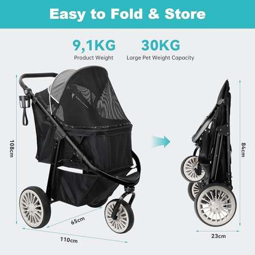 DAISTERN Hundebuggy bis 30 kg, Klappbarer Aluminium-Hundewagen, Gepolsterte Liegefläche, Schwenkbares Vorderrad, Große Hinterrad, Hinterradbremsen, Verstellbarer Griff, Sicherheitsleine, Grau