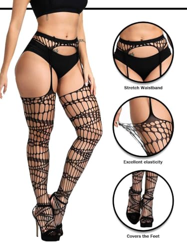 Buitifo Woman Thigh High Garter Stockings Patterned Tights Fishnet Pantyhose2