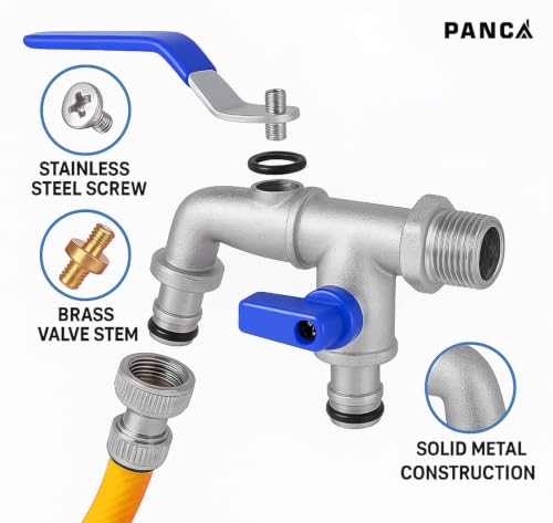 Image of PANCA 1 /2 Inch Dual Outlet Garden Faucet Splitter | Heavy Duty Double Valve Water Tap with Individual Flow Control | Zinc Alloy Bib Cock Connector for Garden, Kitchen & Bathroom (Red) (Blue)