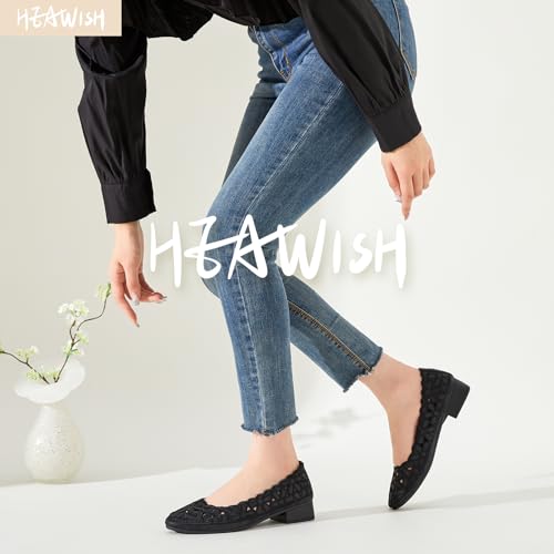Image of HEAWISH Women's Women's Flats Shoes Ballet Flats for Women,Black Flats Floral Dress Shoes with Heel,Pu Leather Flats Shoes Women Dressy Comfortable Slip on Loafer