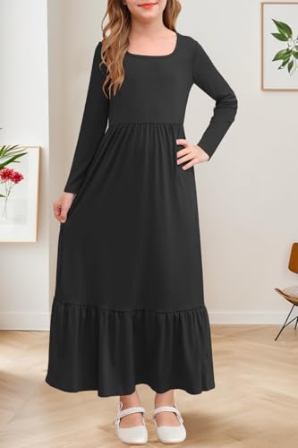 YOVION Girls Maxi Dress Fall Long Sleeve Square Neck Tiered Flowy Casual Holiday Dresses with Pockets for 6-12 Y2