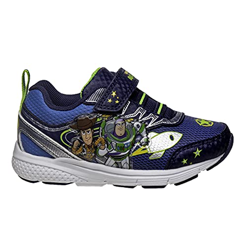 Disney Boys Toy Story Shoes – Buzz and Woody Laceless Light-Up Sneakers (Toddler/Little Kid), Navy and Green, 103