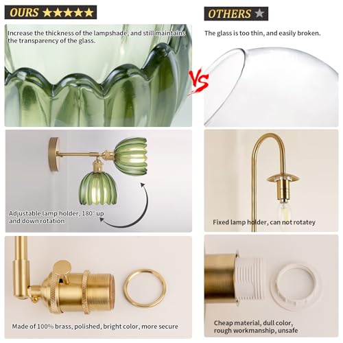 Shenmoyl Vintage Wall Sconces With Green Tulip Glass Lampshade 180 Degree Adjustable Brass Sconces Hradwired Modern Wall Lighting Fixture With Switch For Bedside Bedroom Doorway thumb #5