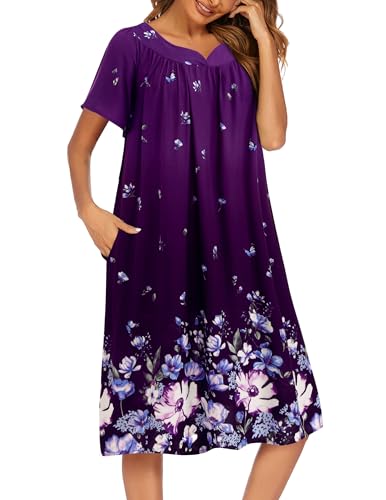 Image of Ekouaer Womens Nightgown Short Sleeve House Dress with Pockets-Floral Print Mumu Dress