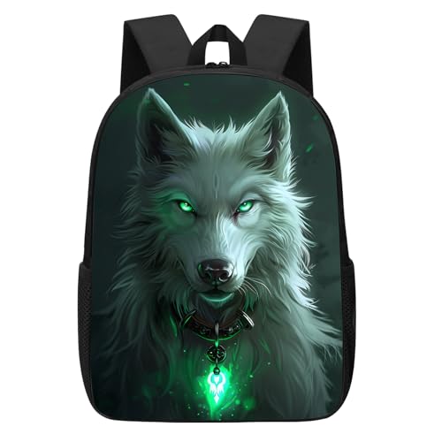 Wolf Backpack for Boys Kids, Cool White Wolf with Green Eyes School Bookbag for Kindergarten Elementary Middle High Students, Waterproof Cartoon Animal Backpacks Laptop Bags 17