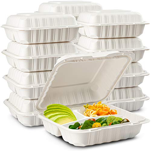 Eco-Friendly Meal Prep Containers 3 Compartment 50-Pack 8x8x3 Disposable to go Clamshell Food Containers Secure Snap Hinged Lid Microwave Safe Take Out Lunch Boxes Made from Renewable Materials