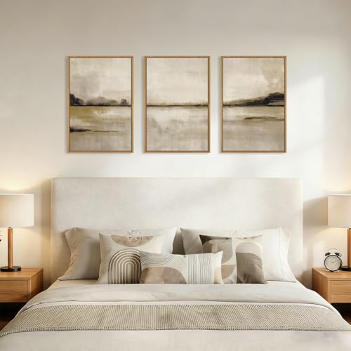 Image of KAIRNE Neutral Abstrcat Landscape Framed Canvas Wall Art Set, Retro Mountain Lake Wall Decor, Vintage Tan Scenery Art Prints, Modern Nature Artwork for Living Room,Bedroom,Farmhouse,Office-16 x24 x3